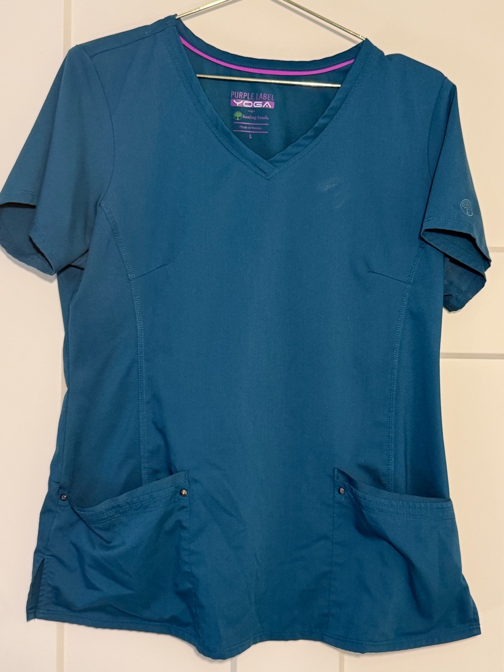 Healing Hands Purple Label Yoga Teal Scrub Top Size Large